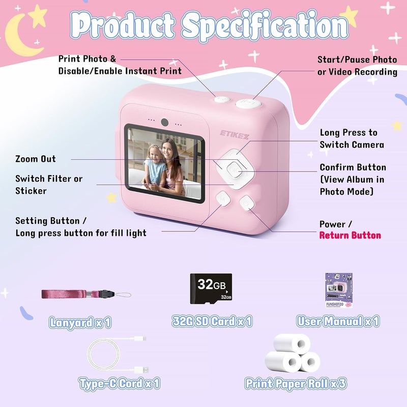 ETIKEZ Kids Camera, 1080P Instant Digital Print Camera for Kids, Christmas Birthday Gifts for 4 5 6 7 8 9 10 Year Old Girls Boys, Portable Toy with 32GB SD Card & 3 Rolls Printing Paper, Pink - Image 5
